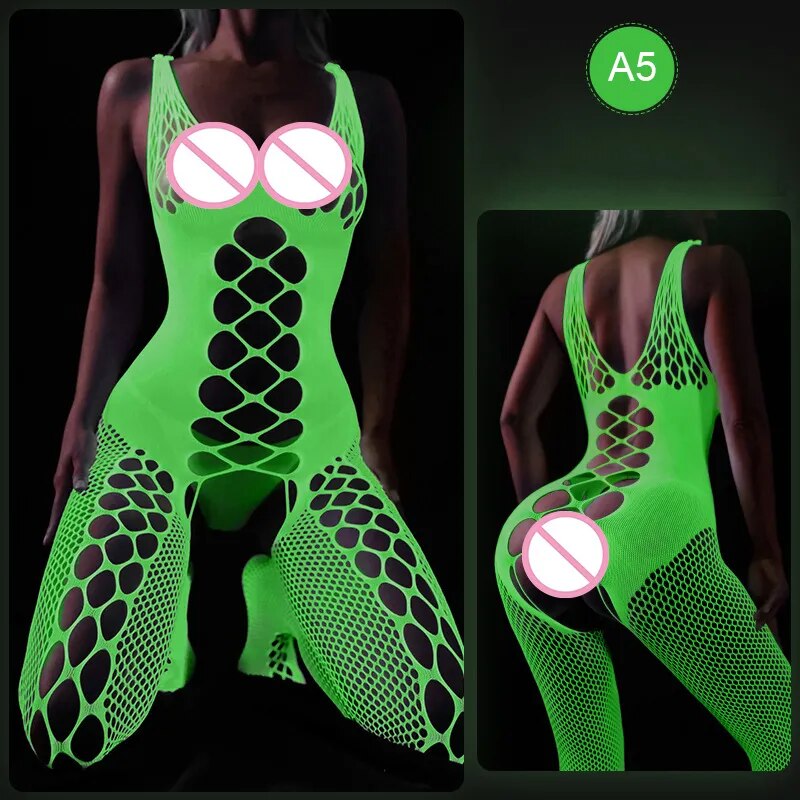 Sexy Women Luminous Bodysuit See Through Hollow Out Net Clothing Exotic Lingerie Mesh Costumes Mesh Dress Underwear Bodysuit New