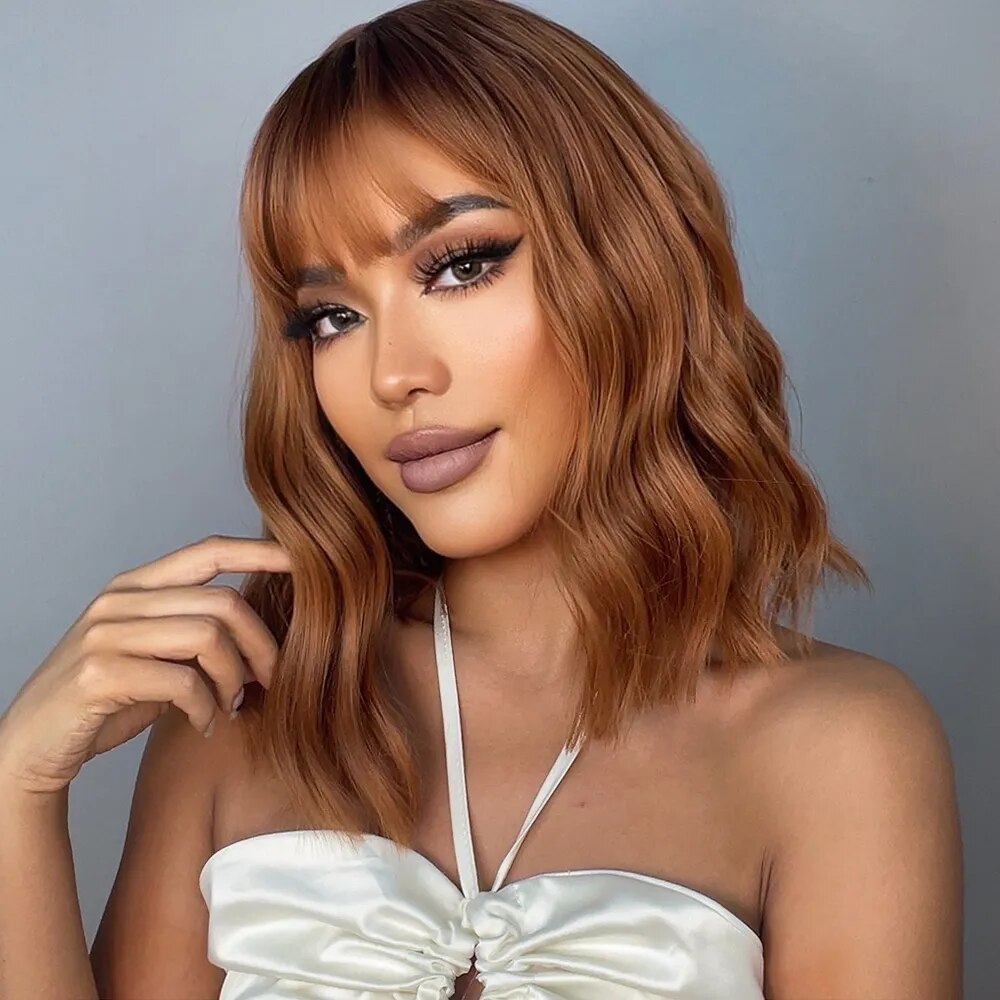 HENRY MARGU Red Copper Ginger Synthetic Wigs with Bangs Medium Water Wave Natural Bob Daily Hair Wigs for Women Heat Resistant