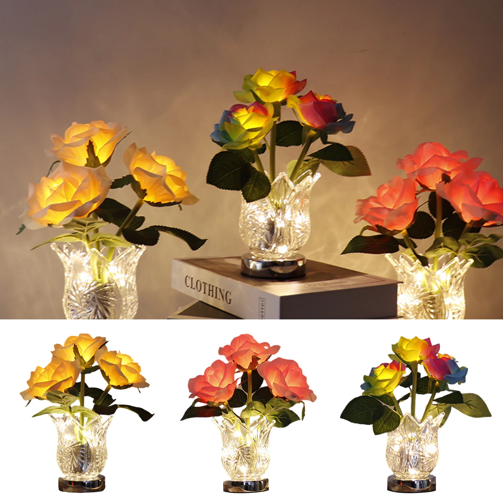 Rose Artificial Flowers Lamp Rechargeable Flowers Table Lights Desktop Ornaments Rose Night Light Office Home Bedroom Decoration