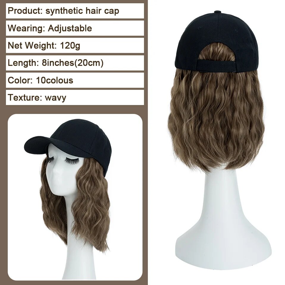 Benehair Hat Wig for Women 8 Inches Wave Baseball Cap Wig with Curly Hair Extensions Wig Synthetic Wave Wig Hat Adjustable Brown