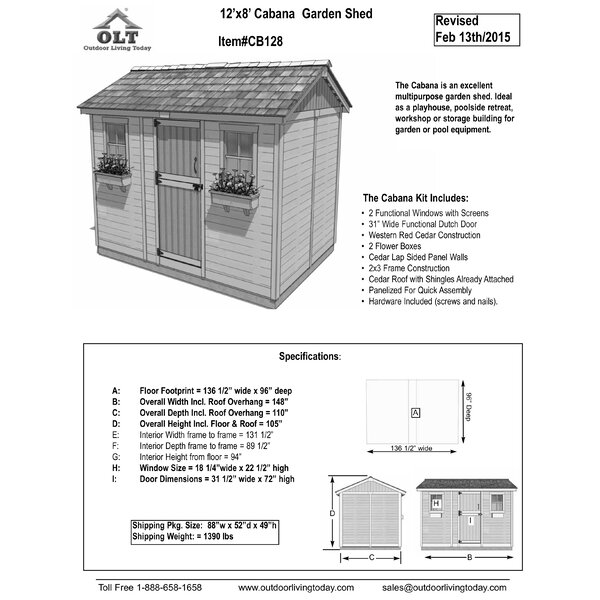 Cabana 12 ft. W x 8 ft. D Wood Storage Shed