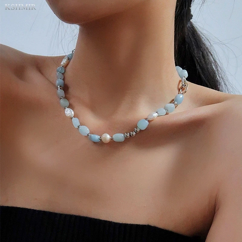 kshmir Natural stone blue crystal necklace baroque natural freshwater pearl niche design feeling fresh clavicle chain women