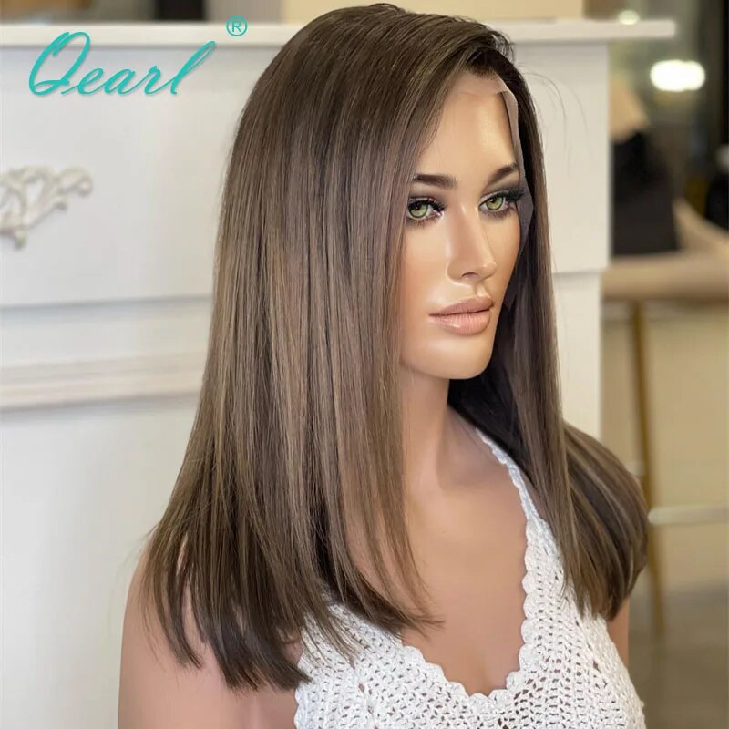 Wigs Ladies Real Hair Chocolate Brownish Lace Frontal Wig Caramel Blonde Highlights 13x6 Human Hair Straight Lace Wigs Qearl