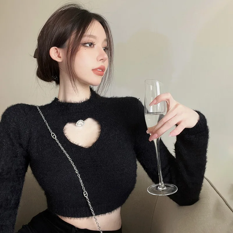 Women's Tops Love Hollow Out Slim Sexy Long Sleeves Sweater Solid Color