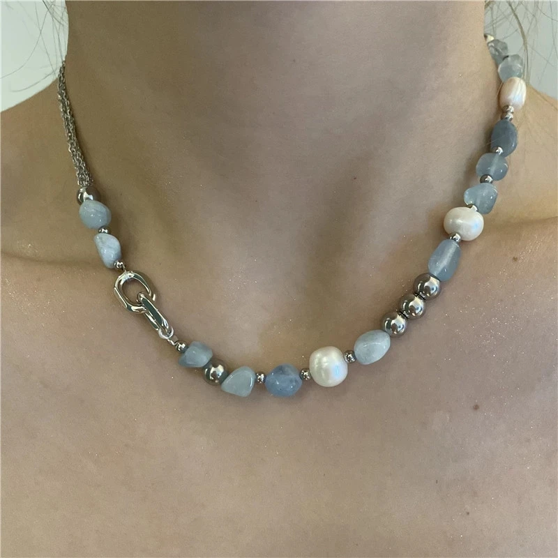 Aesthetic Blue Natural Stone Mix Freshwater Pearl Necklaces Summer Irregular Choker On The Neck Beads Exquisite Trend Jewelry