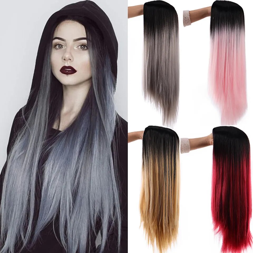 LUPU Synthetic Miss African American Sister with Long Straight Hair, For Girl Pink Mixed Gold Long Hair Wig Heat Resistant