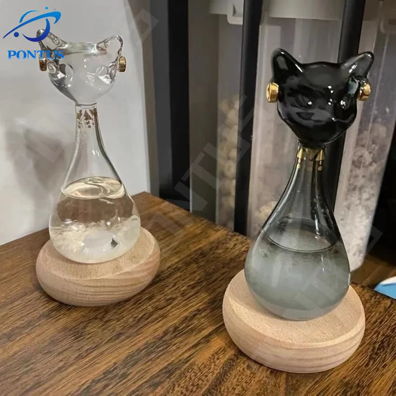 Anderson Cat Weather Forecast Bottle Predictor Monitor Glass Storm Bottle with Wooden Base Desktop Ornaments Room Decor Gifts