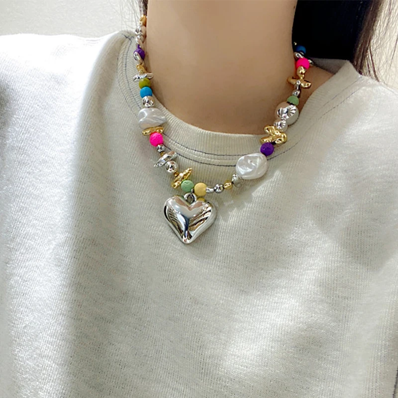Multi Colors Large Heart Necklace For Women Irregular Metal Colorful Mixed Acrylic Stone Beads Girls Party Fashion Jewelry C1182