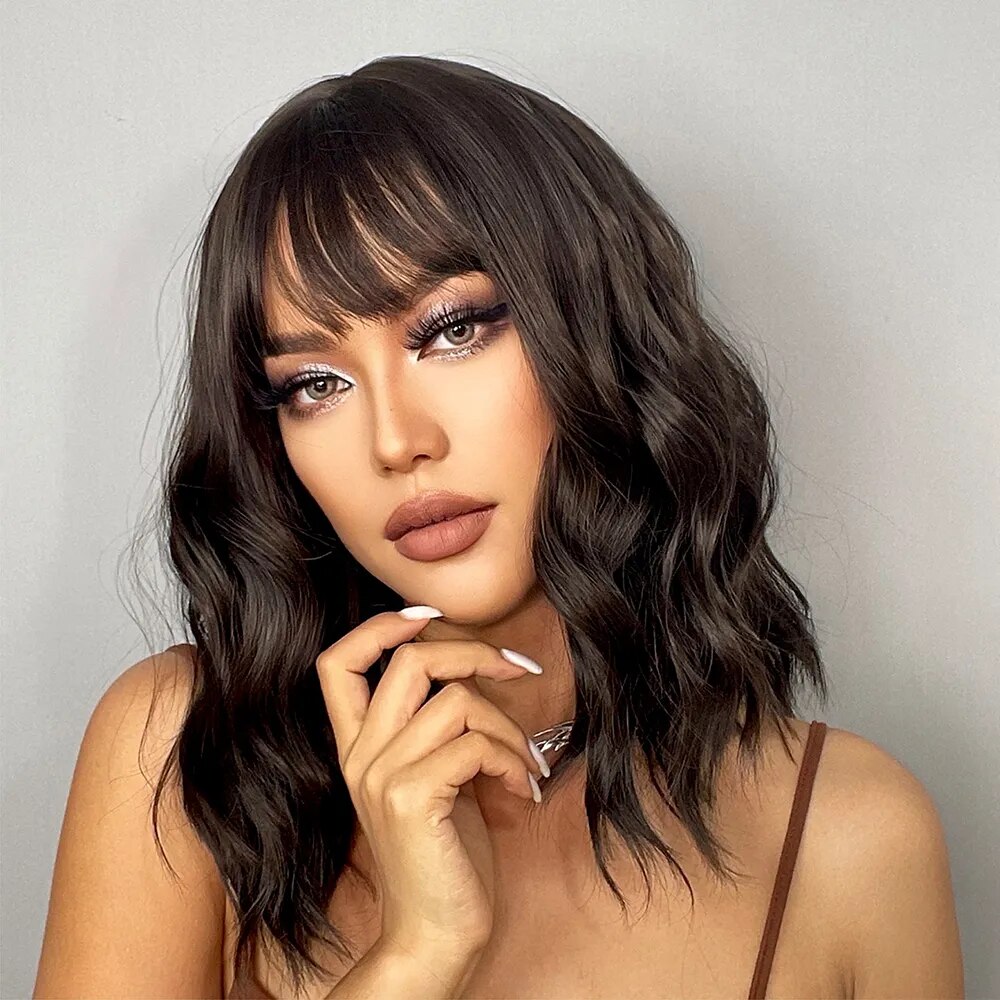 HENRY MARGU Dark Brown Natural Wave Synthetic Wig with Bangs for Black Women Afro Bob Medium Cosplay Heat Resistant Fake Hair
