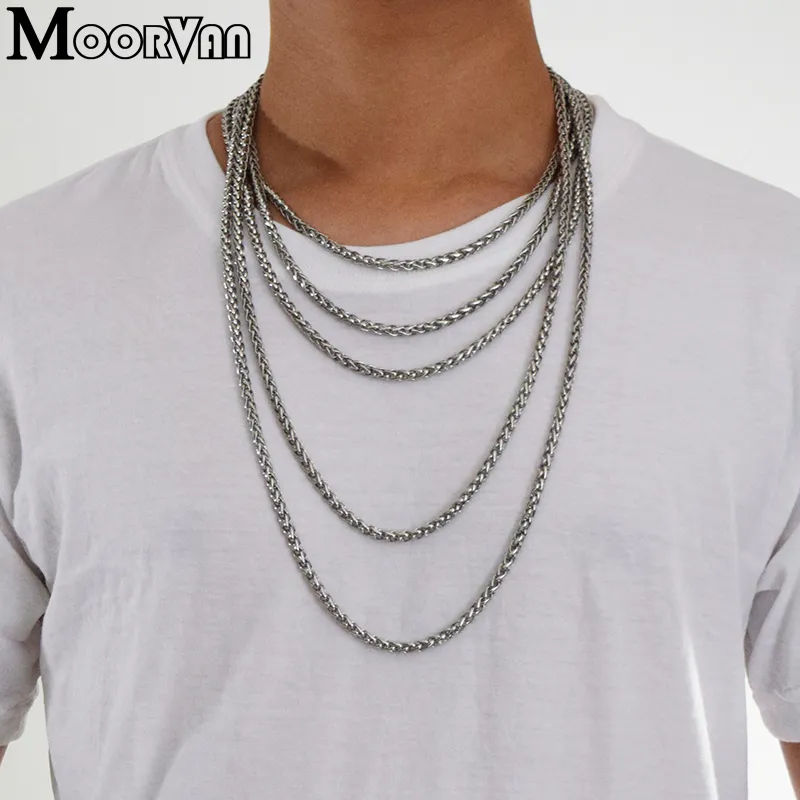 Moorvan Men Necklace Stainless Steel Boys Jewelry 40cm-90cm Braided Link Wheat Chain Necklace Women punk rock biker gift,VN347