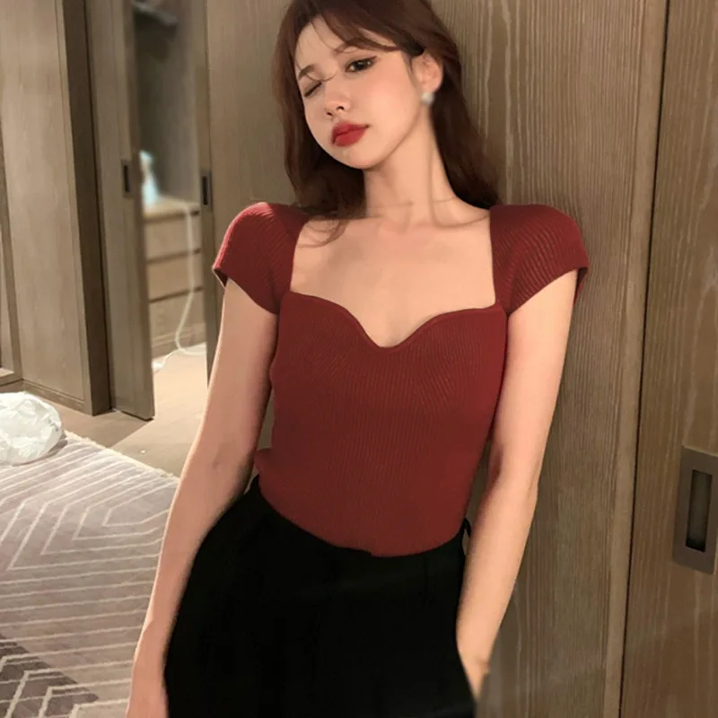 Women's Square Neck Slim Fit Sexy Knitted Short Sleeve T-shirt Korean Edition Solid Low Neck Sexy Knitted Short Sleeve T-shirt