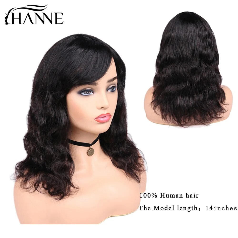 HANNE Brazilian Body Wave Human Hair Wigs With Bangs Wig Natural Black  Remy Short Long Women Hair 150% Density 12-18