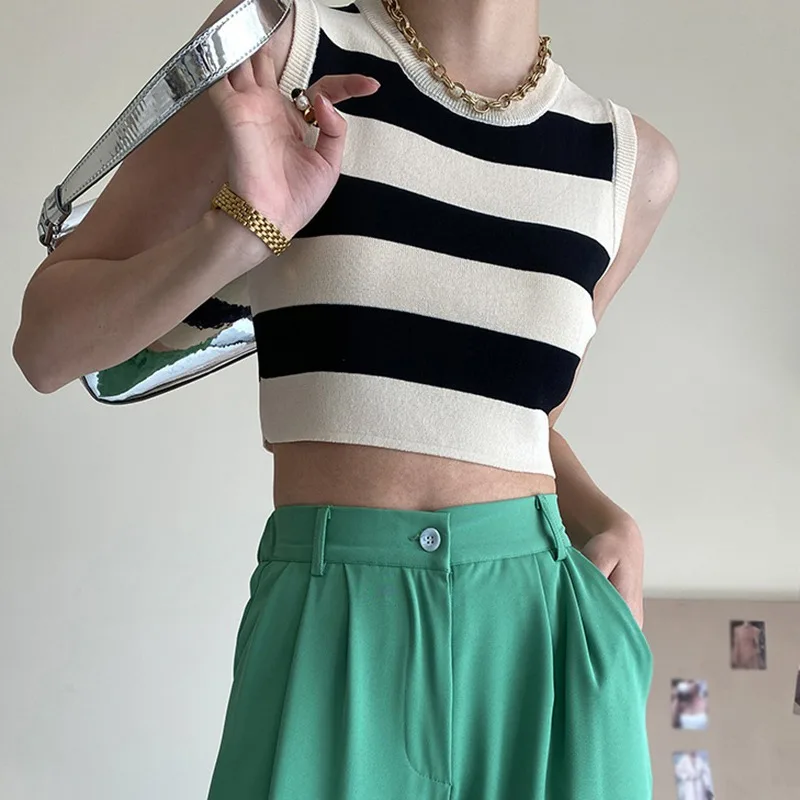 Knitted Striped Tanks Slim Crop Tops  Women Summer New Cool Ladies Street Wear Fashion All-match Retro Korean Style Chic Tops