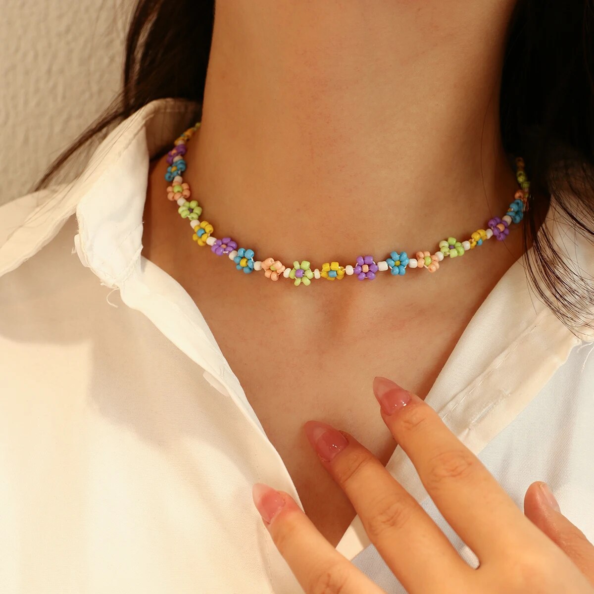 Lifefontier Bohemia Colorful Flowers Beaded Necklaces for Women Girls Handmade Collar Clavicle Choker Necklace Jewelry 2022