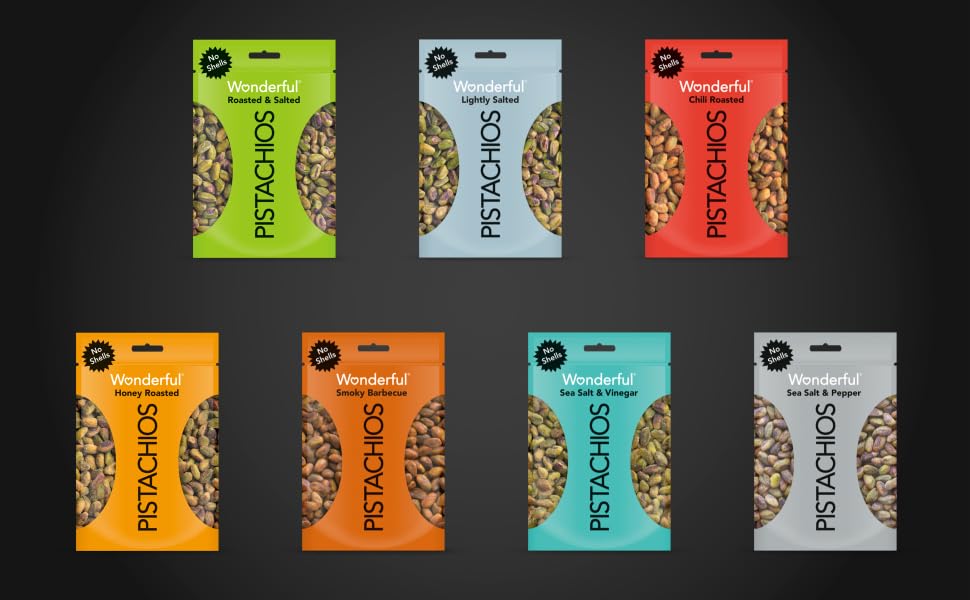 wonderful pistachios roasted salted chili honey smoky barbeque sea salt vinegar pepper mixed nuts