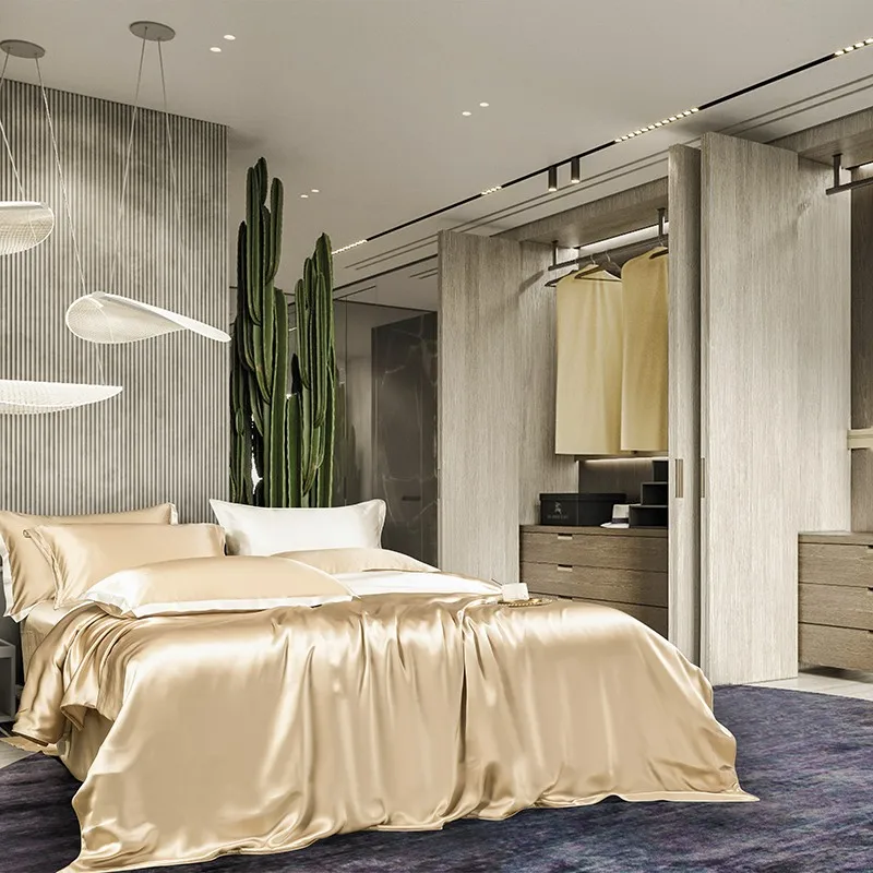 Champagne gold 22 MM Mulberry Silk  Top Grade Duvet Cover set Soft Comfy Silk US King/Cal King Bedding Flat sheet Pillowcases