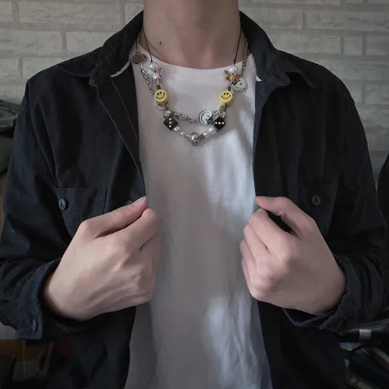 Shake sound super-fire necklace National tide stainless steel smiley face necklace men and women with street hip-hop titanium