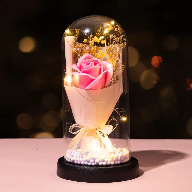 Glass cover soap rose carnation bouquet, Artificial flowers for home decoration, Valentine's Day gifts on Teacher's Day