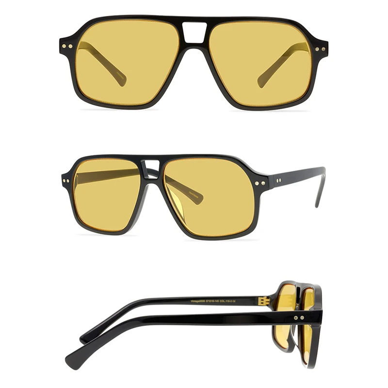 Belight Optical  Women Men UV400 Protection Pilot Shape Vintage Retro Acetate Yellow Lens Sunglasses  with Case Oculos 9556