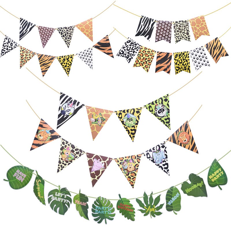 1Set Jungle Birthday Banners Animal Garland Birthday Paper Pennant Palm Leaf Flags Bunting Baby Shower Safari Animals Decoration