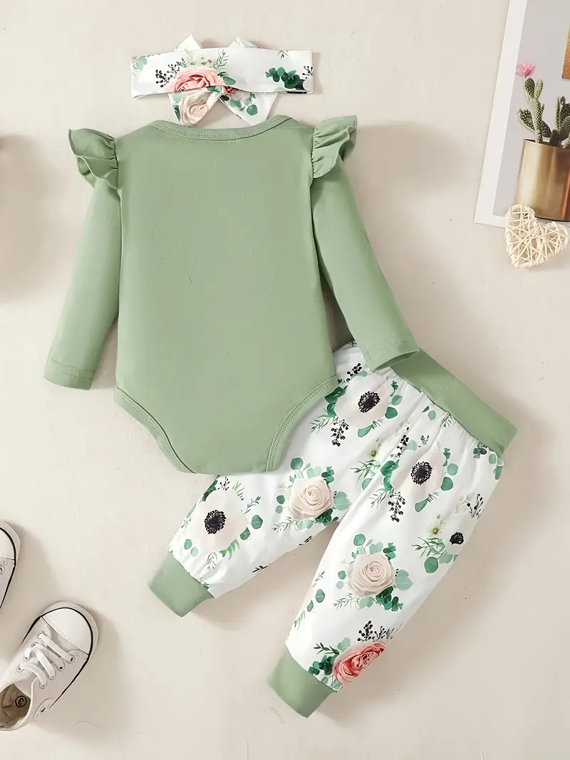 infant baby comfy cute outfit letter graphic romper floral print pants headband set details 29