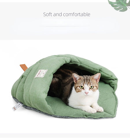 Cat Bed Cave Leaf Nest Non-Slip Bottom Green Soft Pet Mat