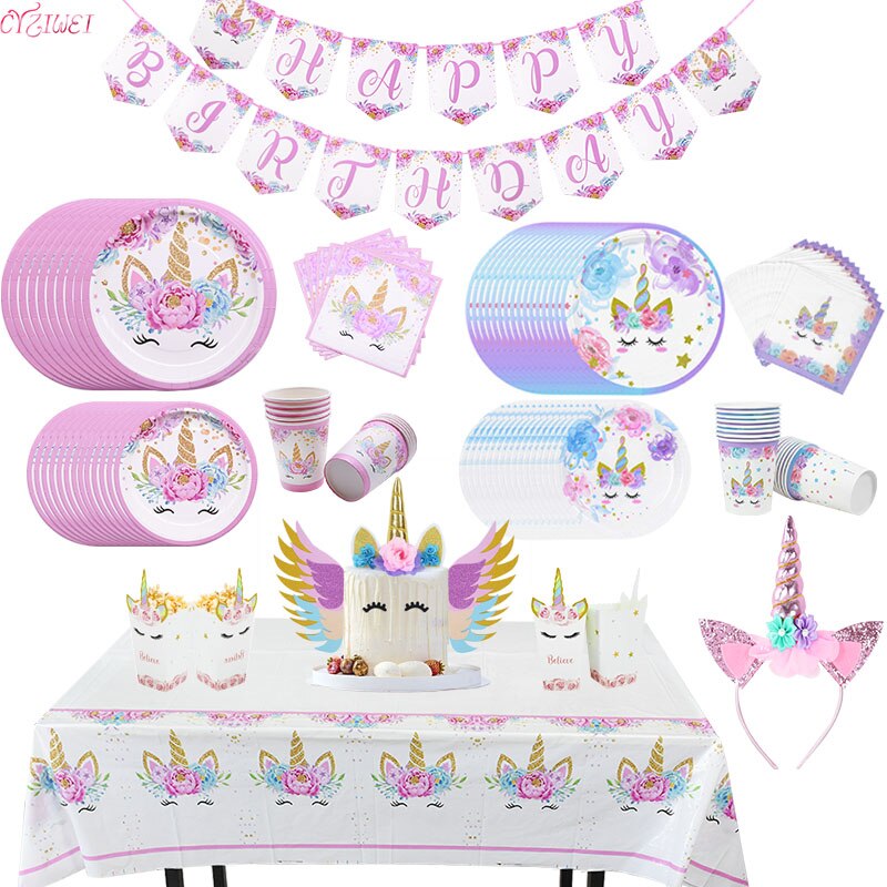 Unicorn Birthday Party Decoration Kids Unicorn Disposable Tableware set Plates Napkins Baby Shower Girl Birthday Party Supplies