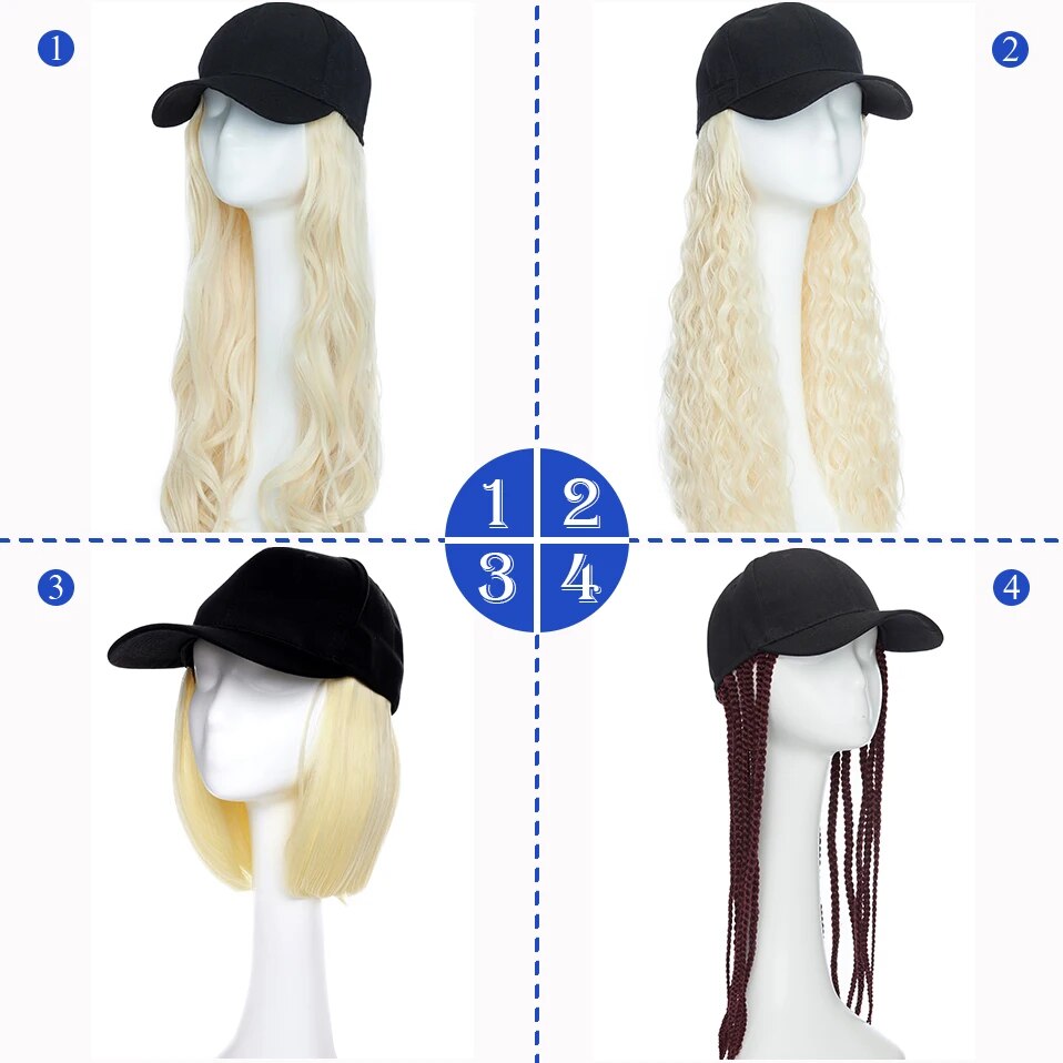 Benehair Synthetic Fluffy Wavy Hair Cap Wigs Straight Baseball Bob Wig Curly Hairpieces Adjustable Wig for Women Girls