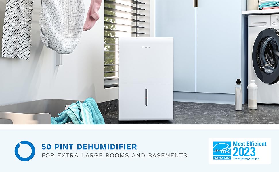 a 50 pint energy star certified white dehumidifier sitting in the middle of a laundry area