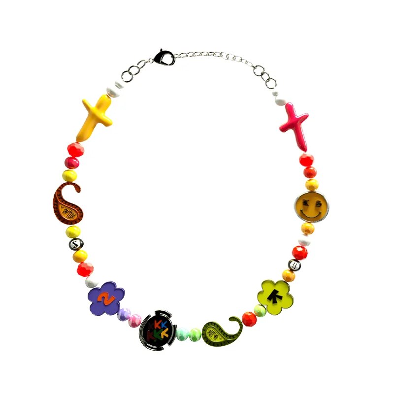 Y2K Hip Hop Multicolor Flower Necklace Ins Colorful Beading Chain Cross Necklace Choker Necklace Men Girls Women Jewelry
