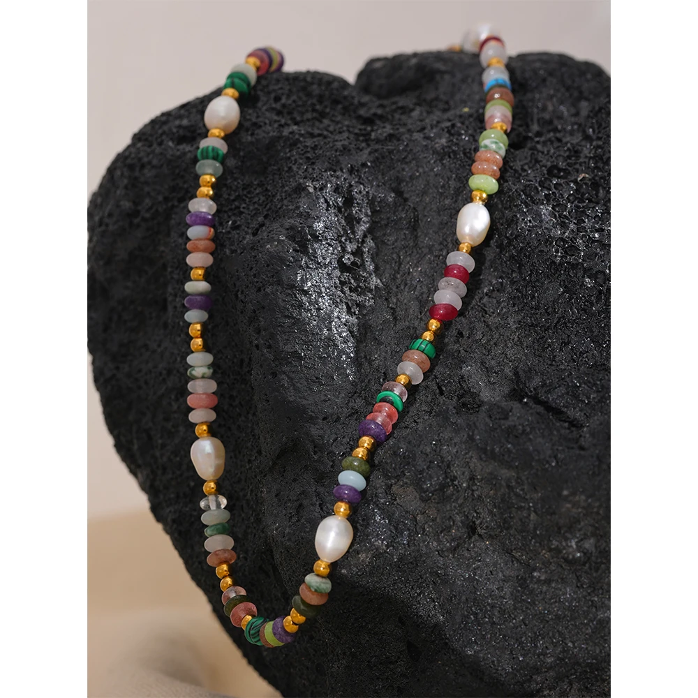 Yhpup Y2K Natural Pearl Stone Colorful Handmade Boho Necklace Women Stainless Steel Aesthetic Gold Color Fashion Jewelry 2023