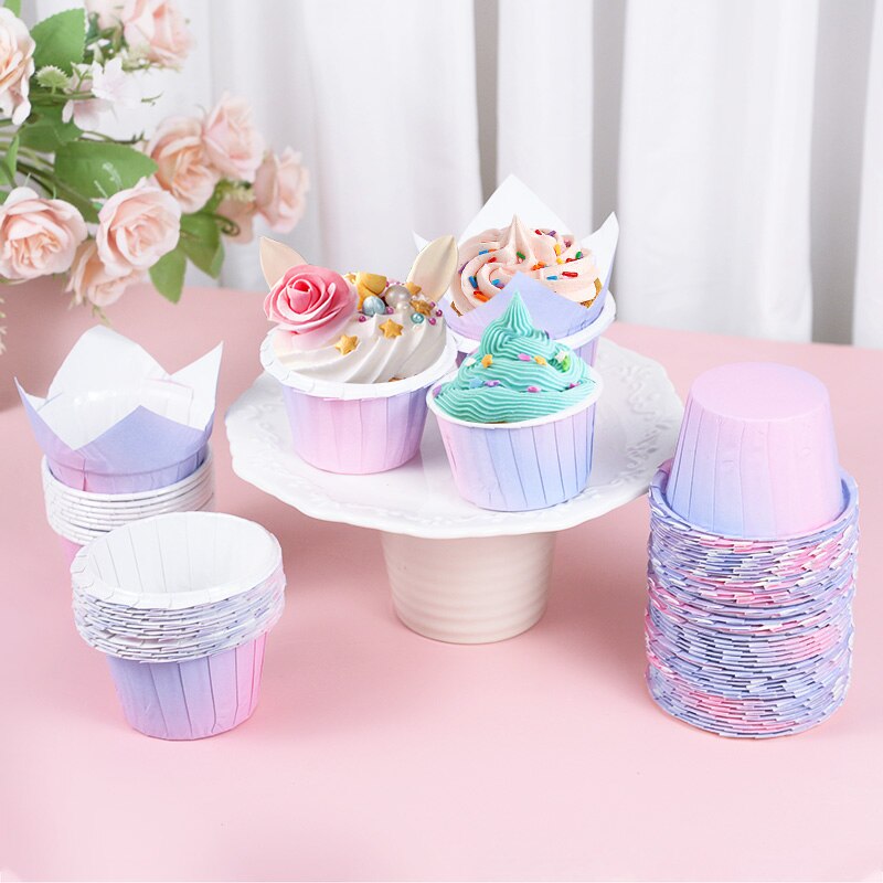 Gradient Paper Cupcake Decor Mermaid Birthday Theme Table Dessert Cake Rim Cup Purple Kids Boys GirlsHappy Birthday Party Decor