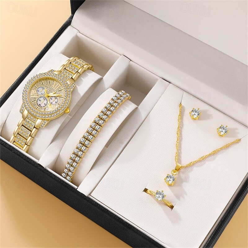 6PCS Set Luxury Watch Women Ring Necklace Earrings Rhinestone Fashion Wristwatch Female Casual Ladies Watches Bracelet Set 2024 - US $16.99 –P1
