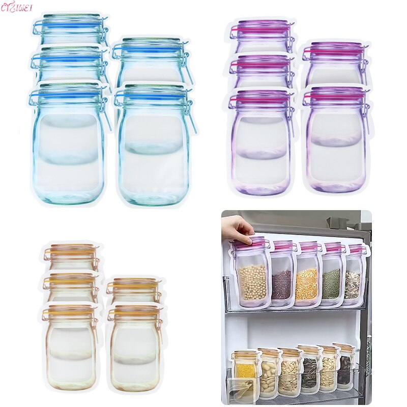 5/10pcs Reusable Mason Jar Bottles Bags Stand-Up Food Storage Snack Candy Bags Zipper Bag Portable Kitchen Organizer Sealed Bag