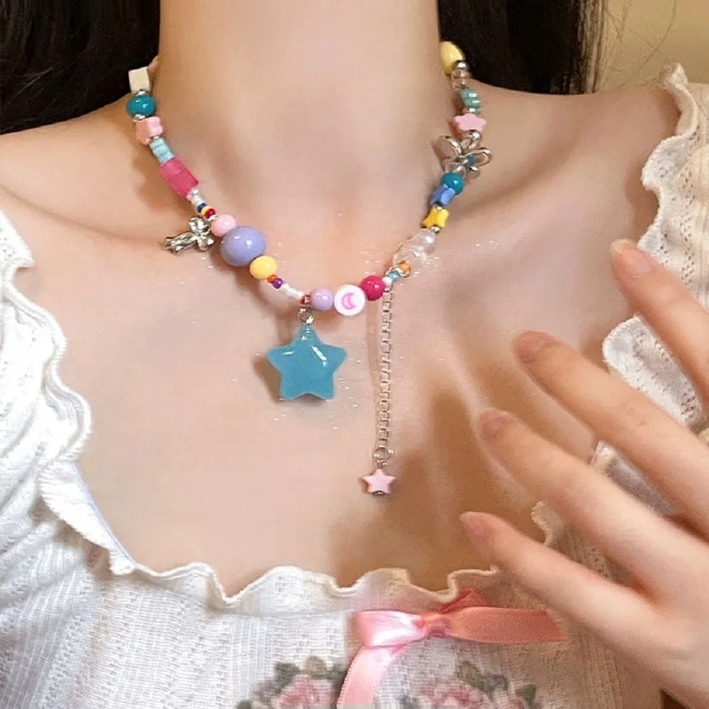 Dopamine Girl Resin Beading Star Heart Necklaces Y2K Colorful Sweet Cool Girl Candy Color Choker Clavicle Chain Jewelry