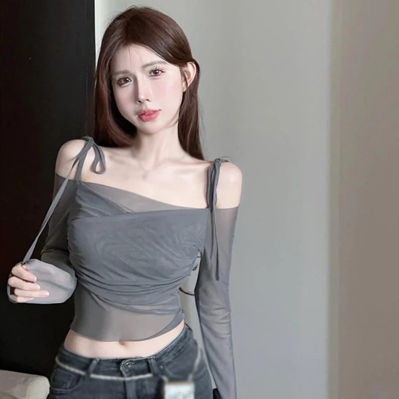 Women's top French style Mesh Sunscreen Women's Off shoulder Strap T-shirt