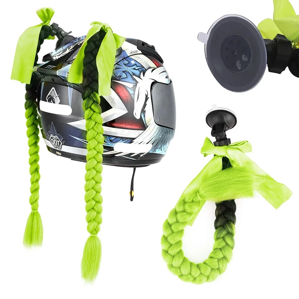 Benehair Helmet Pigtails Gradient Ramp Helmet Braids Ponytail Hair with Suction Cup with Bowknot for Motor Bike 1PCS 20inch