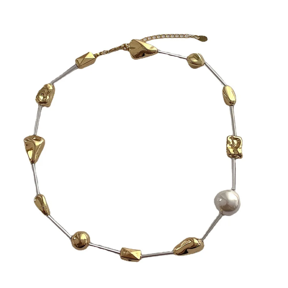 Korean style unique design sense of irregular metal pearl stitching necklace personality men and women collarbone chain choker