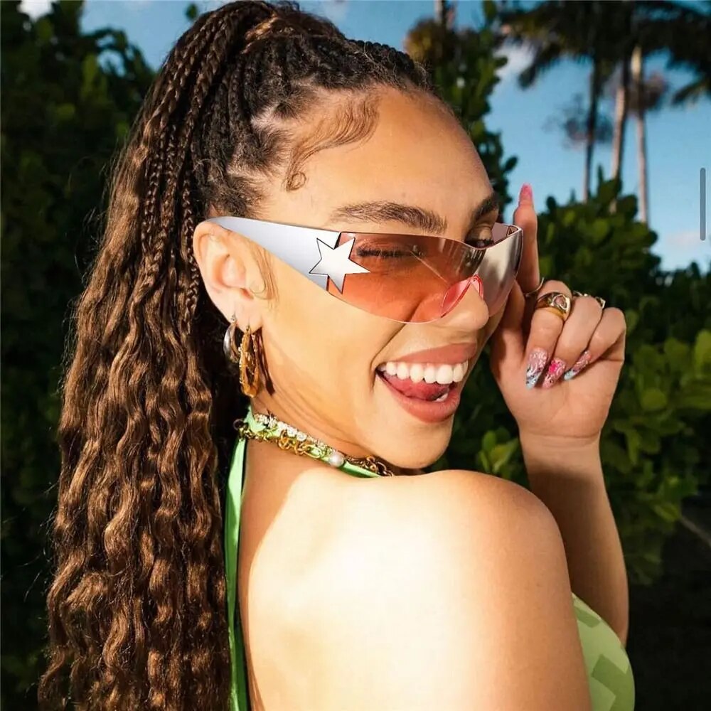 Y2K Rimless Sunglasses Women Men Oversized Trendy Wrap Around Sunglasses Punk One Piece Goggles Sports Sun Glass Shades Eyewear