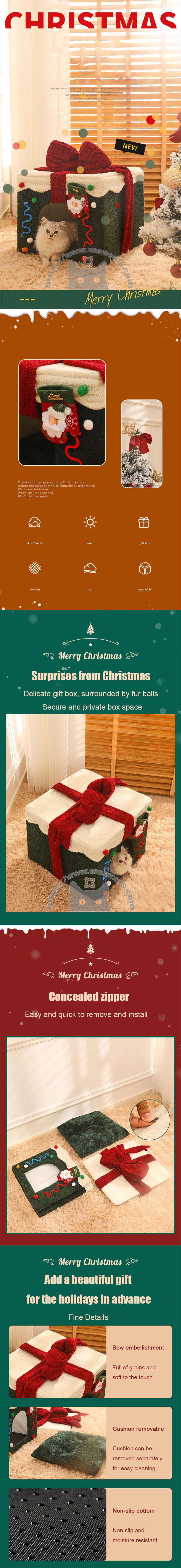 Christmas Gift Box Cat Bed Winter Warm House