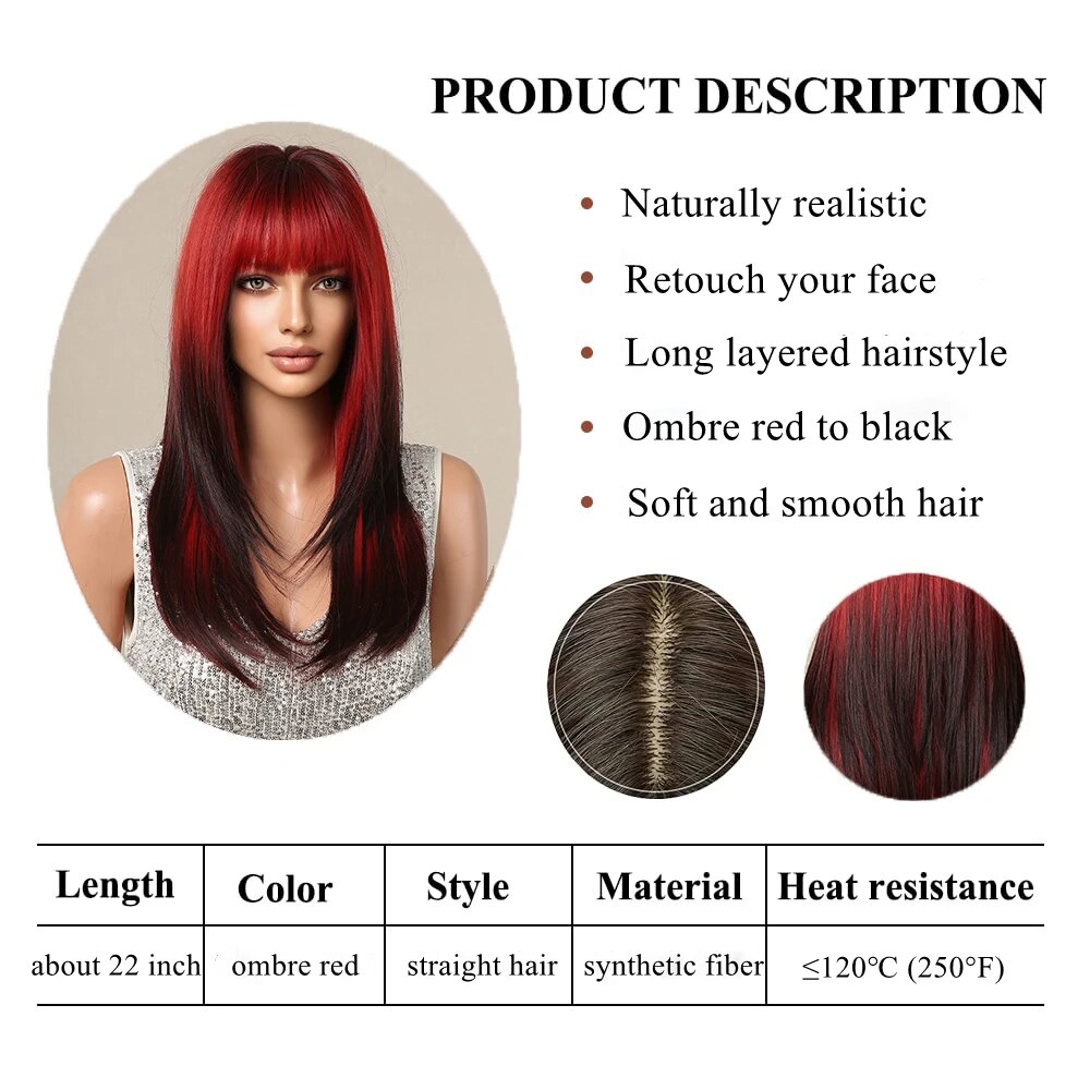 Ombre Red to Black Synthetic Hair Wigs with Bangs Long Layered Straight Wig Colored Party Costume Heat Resistant Hair for Women