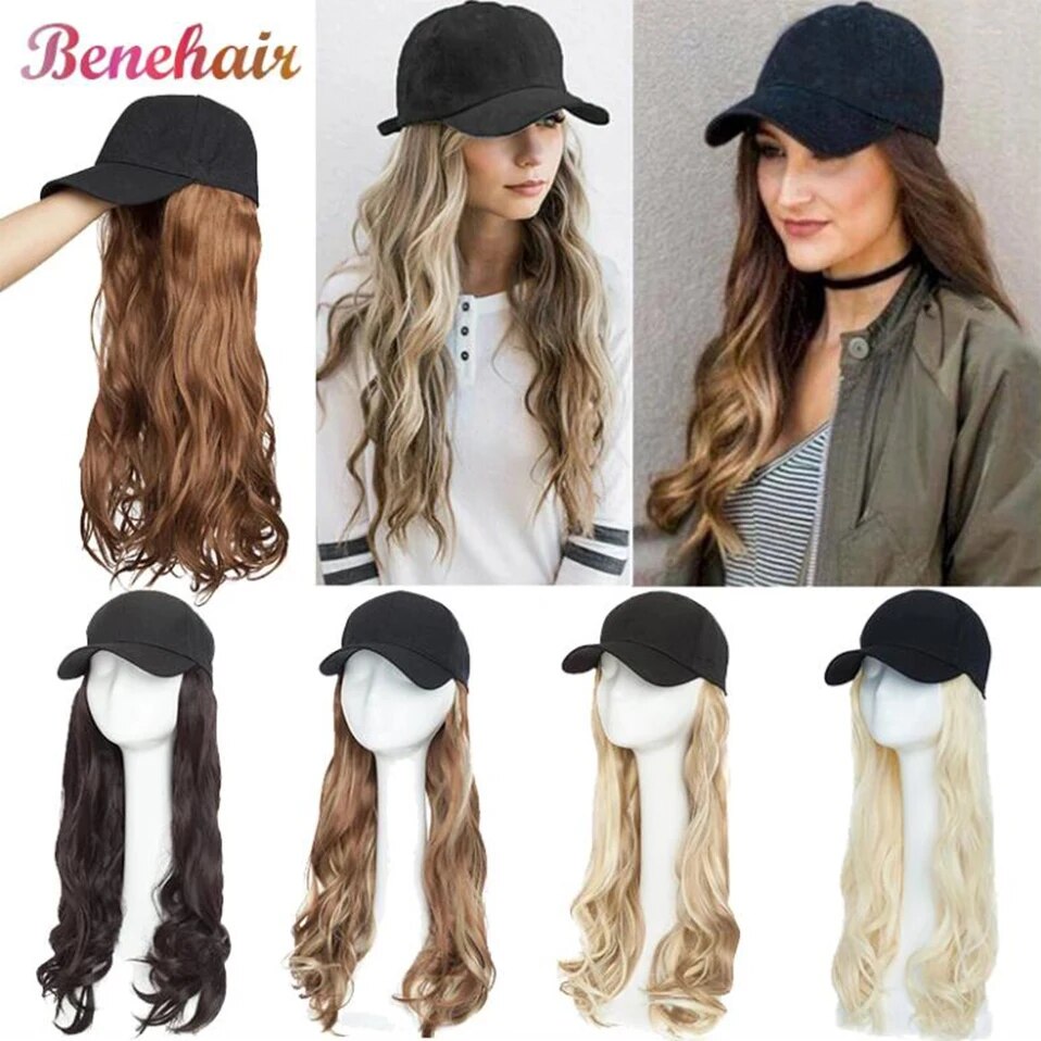 BENEHAIR Synthetic Baseball Cap With Hair Long Wavy Fake Hair Hat Wig Hair Extensions Hat With Hair Natural Hairpiece For Women