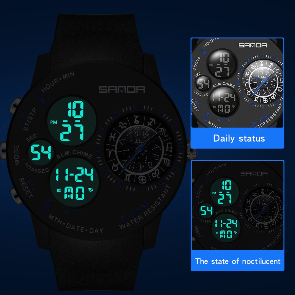 SANDA 2023 Fashion Outdoor Mens Watches Top Brand Military Sports Quartz Watch Dual Display Wristwatch Waterproof Clock 6036