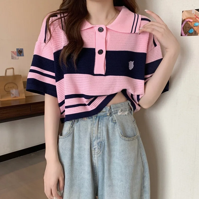 High Waist Ladies Striped Tops Embroidery Short Ice Silk Tees Short Sleeves Fashion Temperament Turn Down Collar T-Shirts