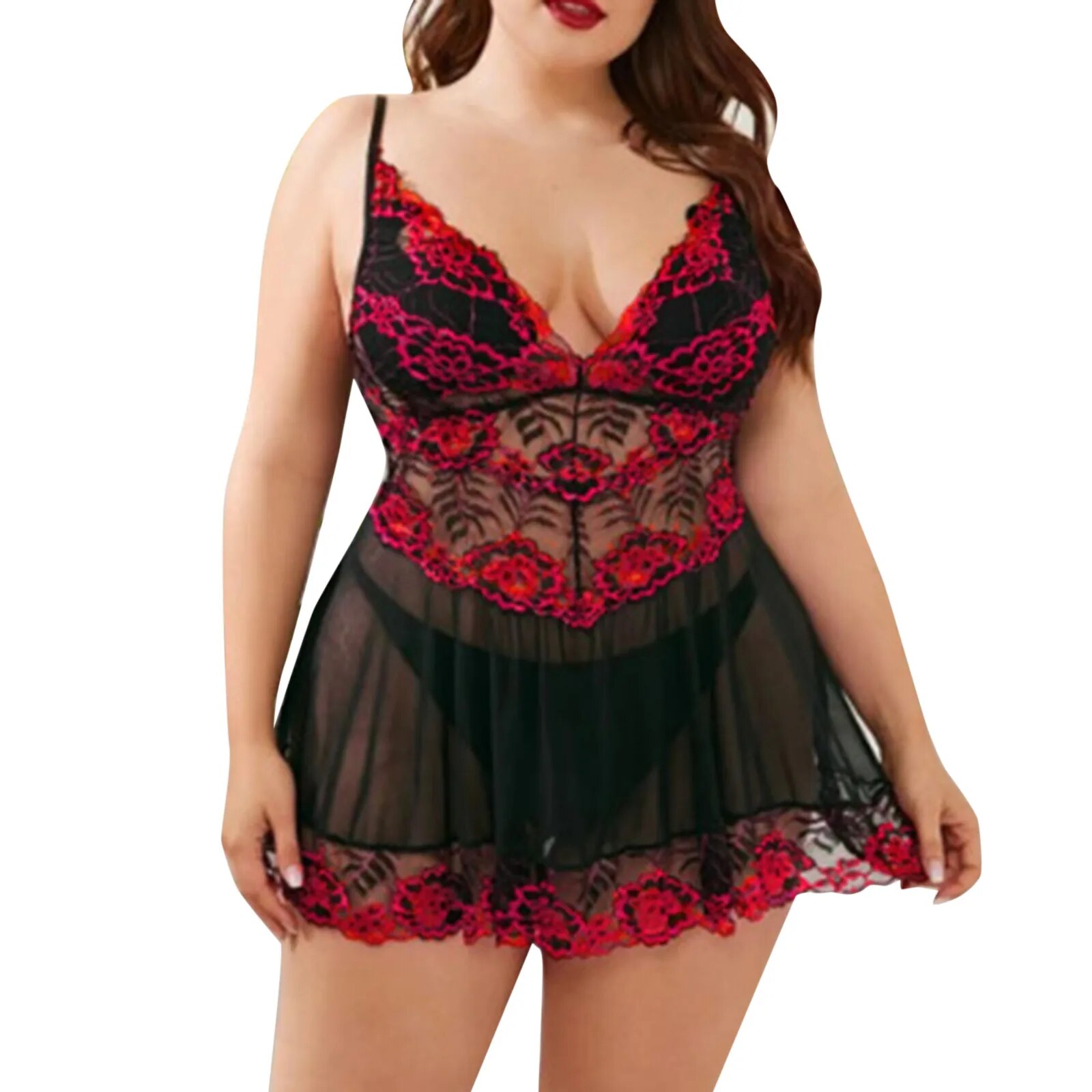 Women Plus Size Babydoll Lingerie Lace Chemise Sexy Mesh Sleepwear Deep V Teddy Nightdress Sleeveless Mini Dress Exotic costumes