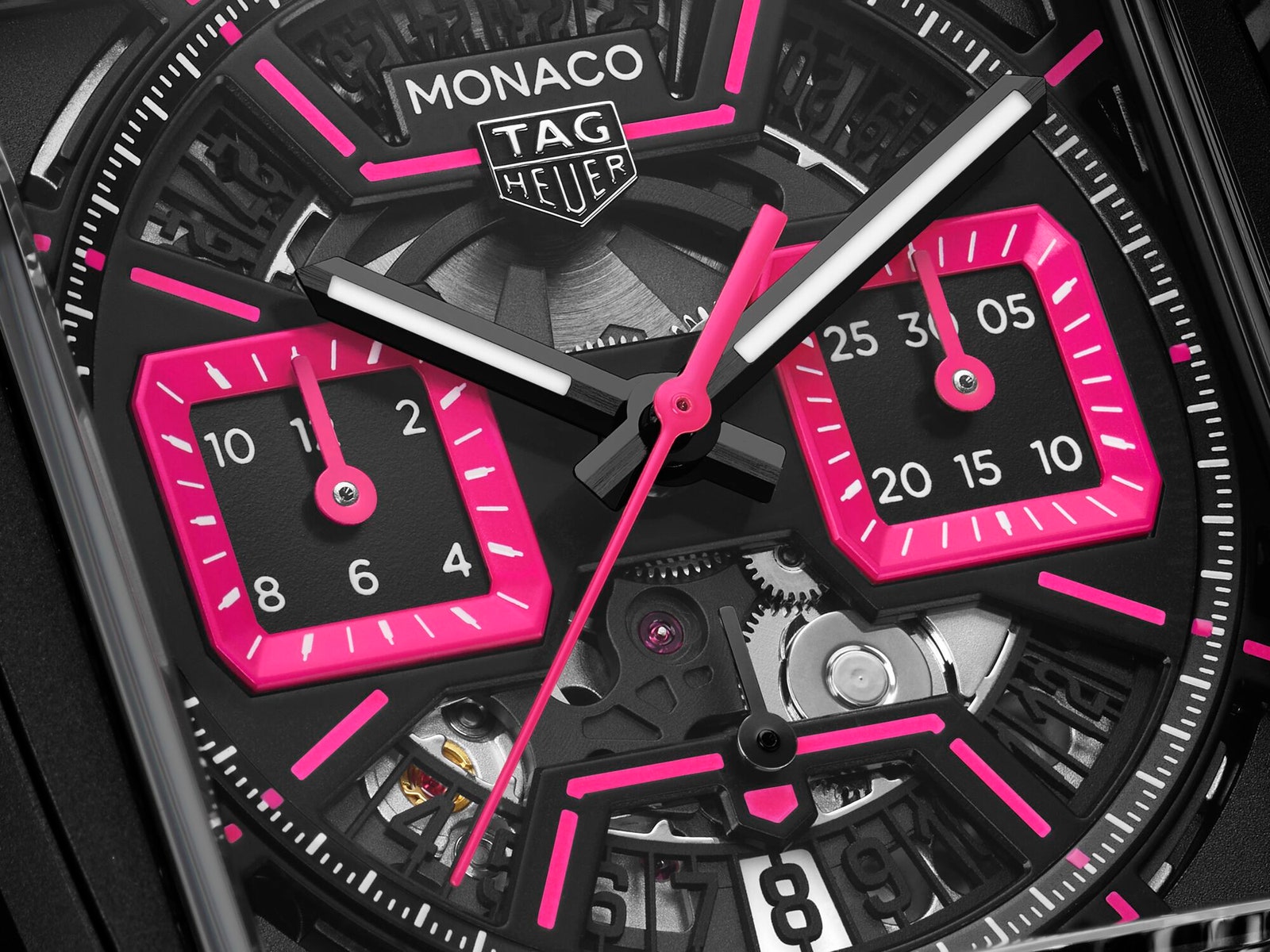 Esfera del Reloj TAG Heuer Monaco Chronograph Skeleton Pink.