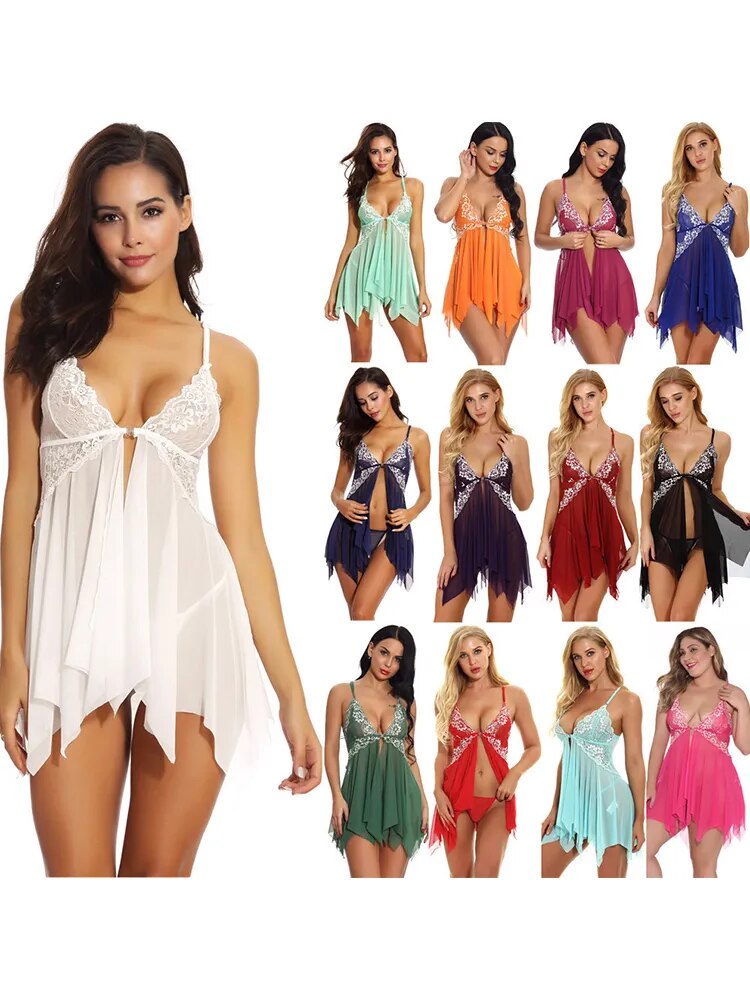 6 Colors Sexy Mujer Lace Shine Transparent Nightdress Women Plus Size Sleeveless Porno Sex Underwear Dress Babydoll Costgumes