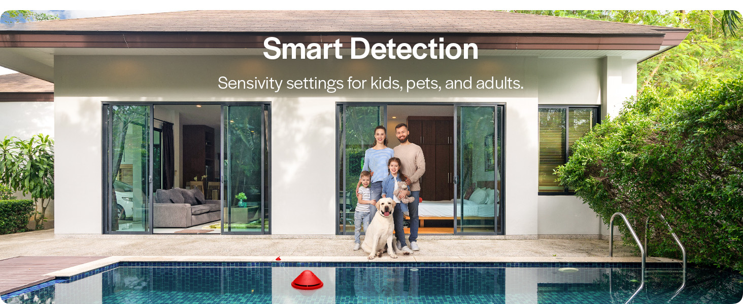 persons of different sizes and dog standing near pool with above ground pool alarm system in it