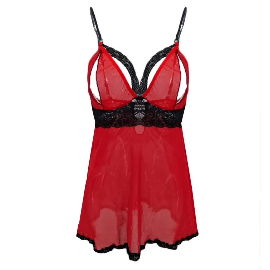 Sexy Sleepwear Women's Plus Size Sleeveless Lingerie Red Baby-doll Lace Split Cup Sleepwear Seksi Gecelik Camisola Lady Clothing
