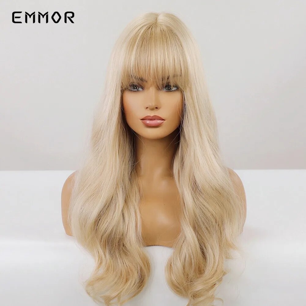 Emmor Synthetic Long Light Blonde Natural Wave Hair Wigs with Bangs High Temperature Fluffy Cosplay Daily Wig for Women